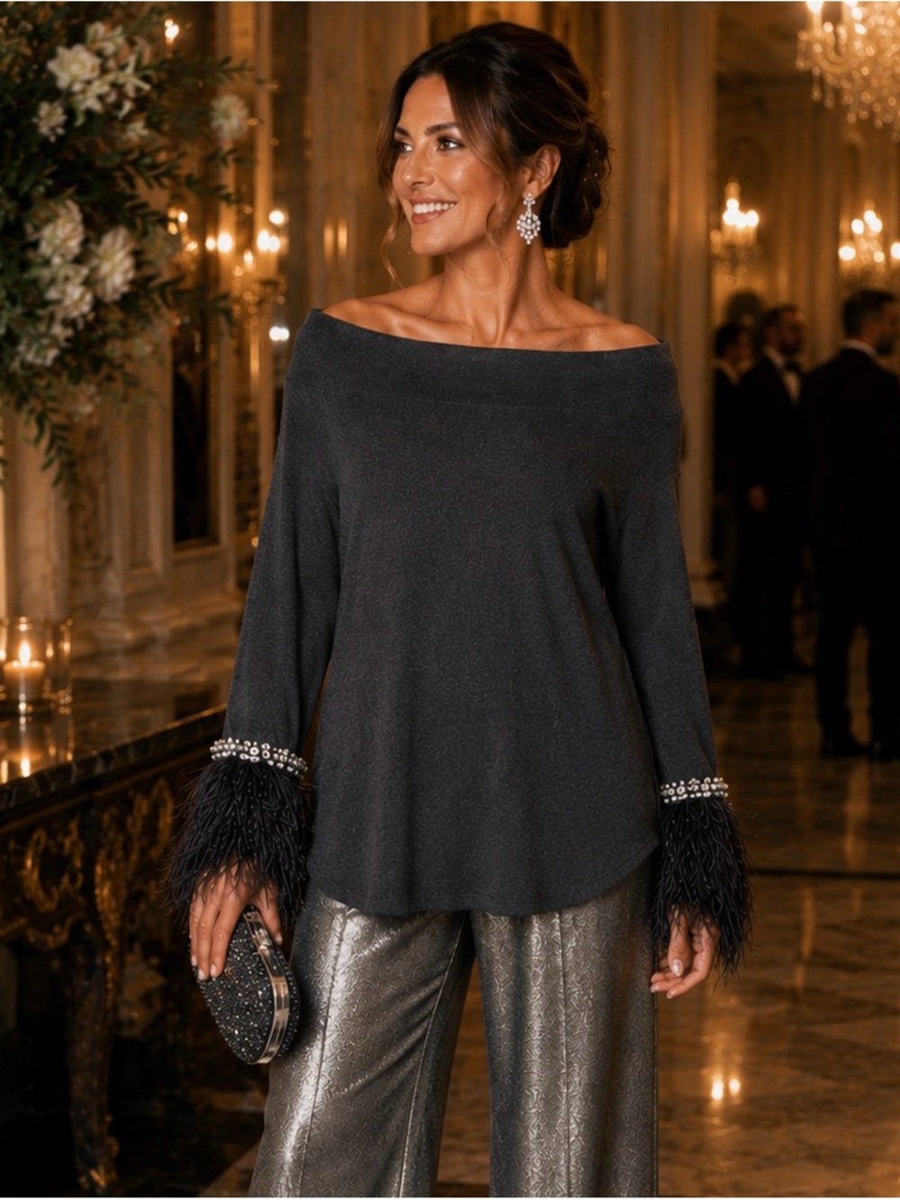 Neiman Marcus Cashmere Sweater Gray Embellished Ostrich Feathers Size Medium - Picture 2 of 16